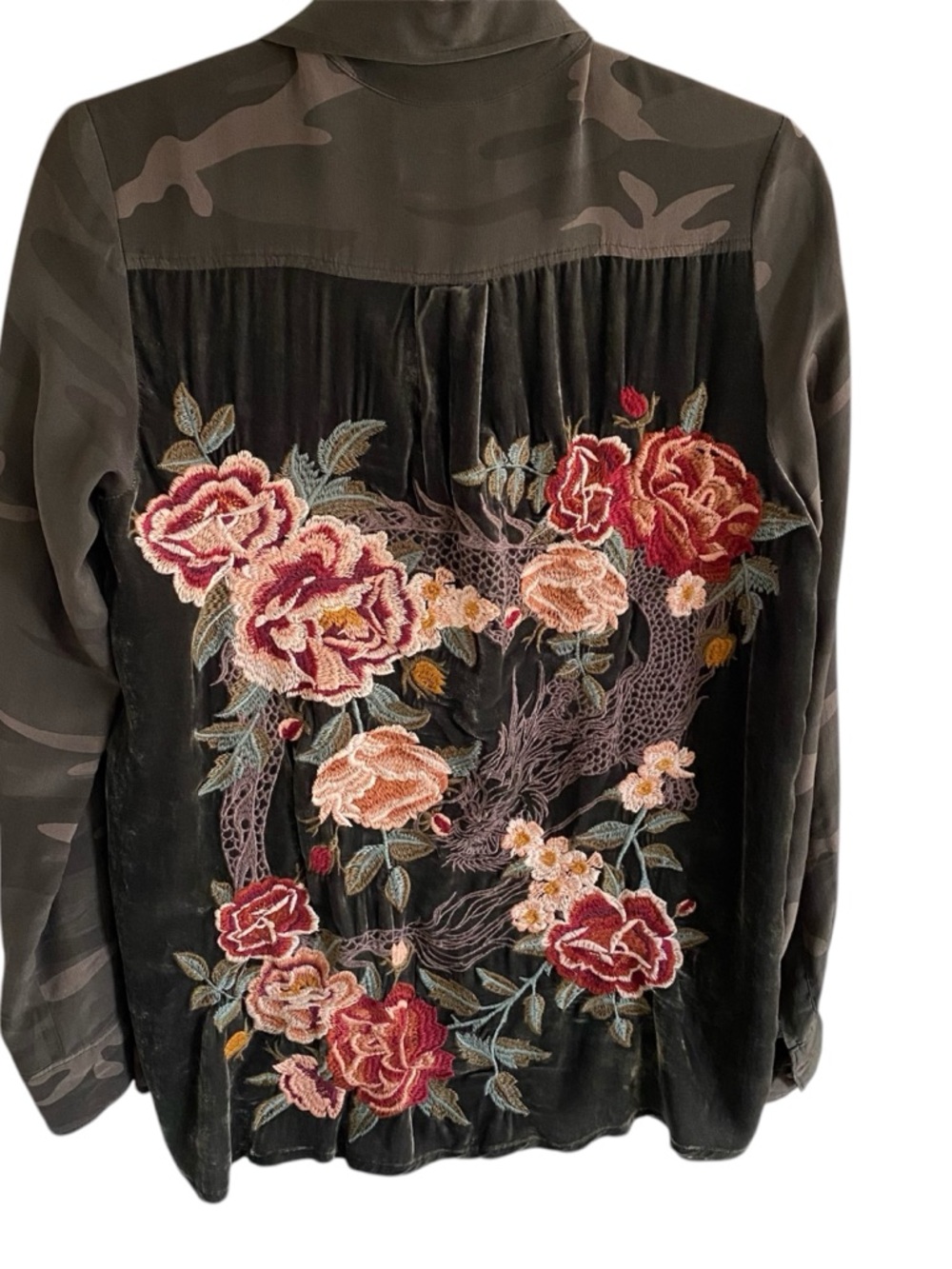 Johnny Was Workshop Valentina velvet embroidered silk tunic blouse button up top